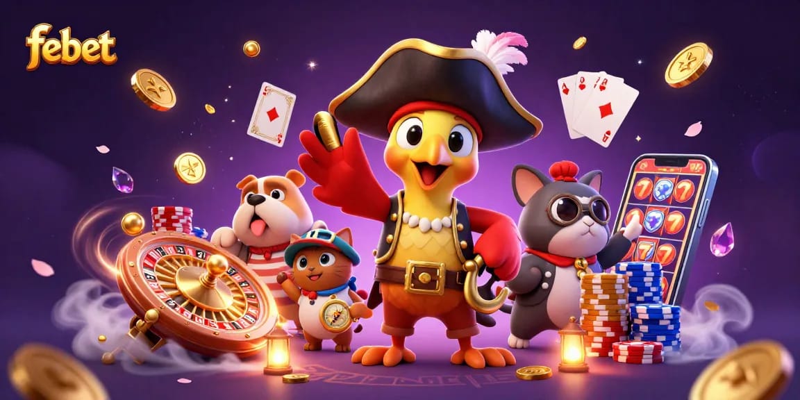 Engage in high-stakes action at febet with our animated pirate-themed casino scene.