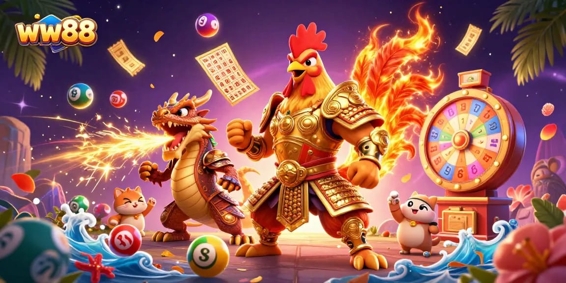 Engage with thrilling games at ww88 featuring a majestic rooster warrior and vibrant casino elements.