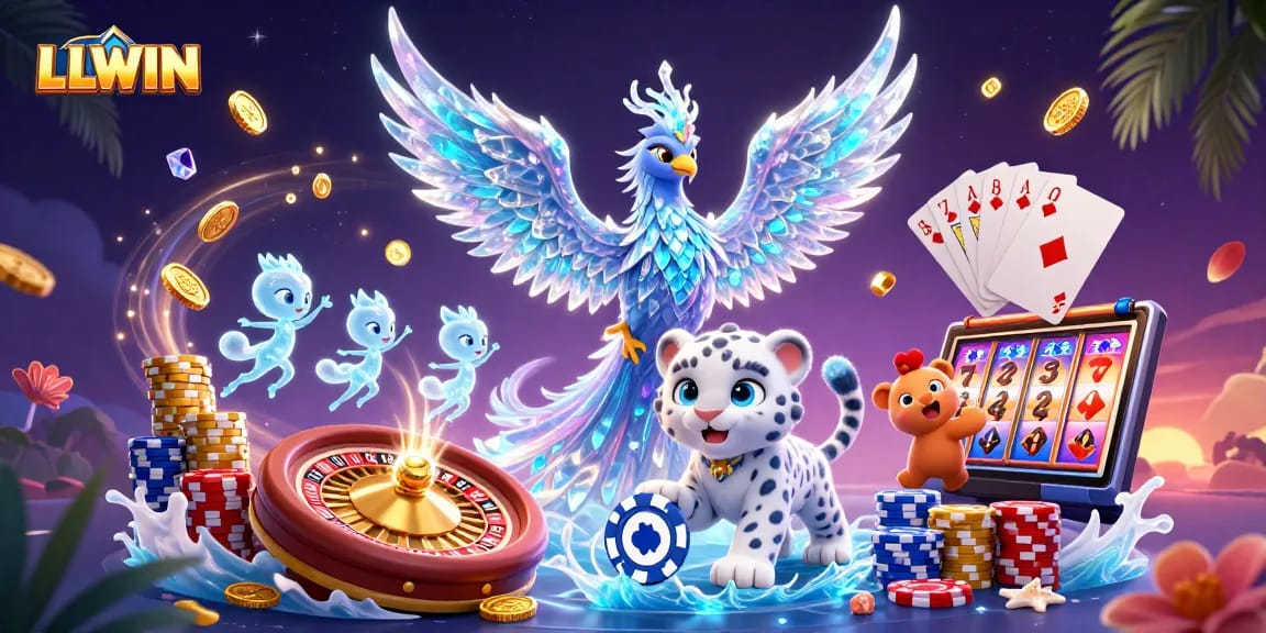 Experience LLWIN's thrilling gaming world with an ice phoenix, poker chip, and a dazzling casino scene.