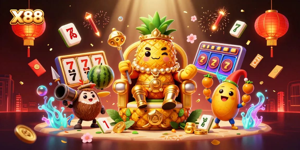 X88 brings you vivid moments with a 3D cartoon pineapple king and festive casino elements.