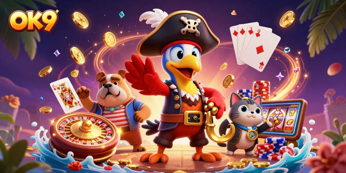 Spin and win with OK9's vibrant casino illustration showcasing exciting gaming elements.