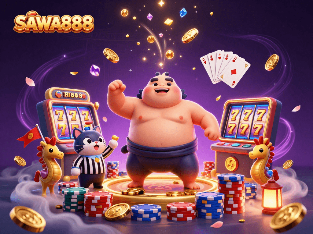 Engage with the excitement of SAWA888 featuring a fugu fighting fish in a casino-themed underwater scene.