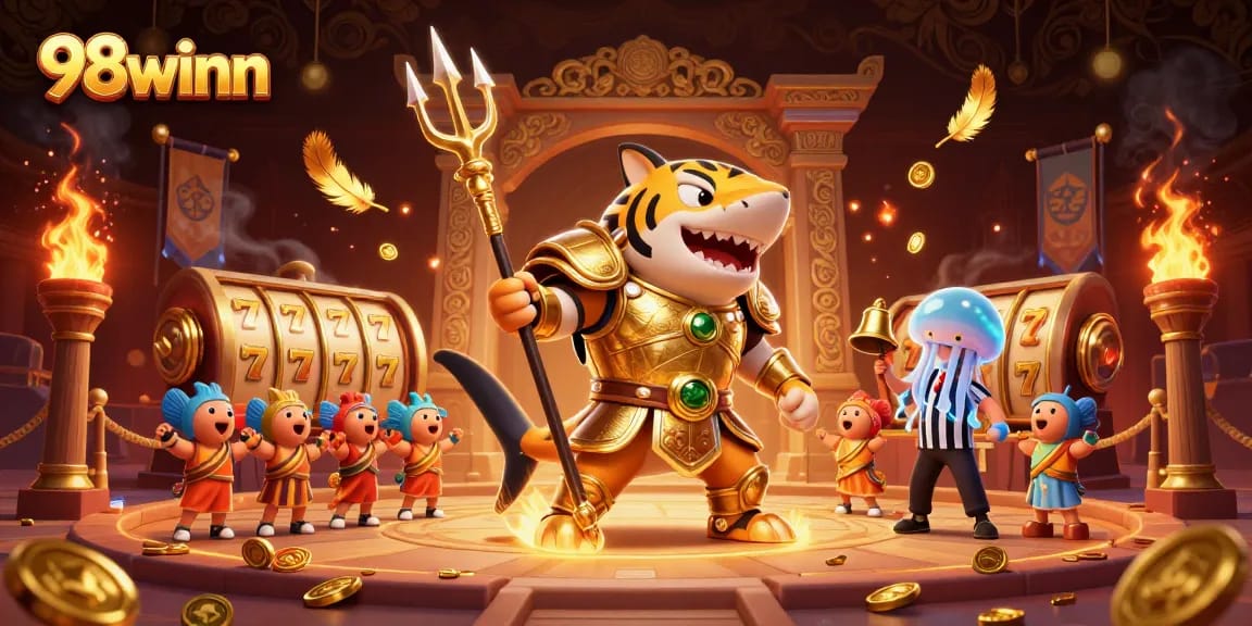 Experience thrilling gameplay in 98winn's vibrant casino scene featuring a gladiator shark.
