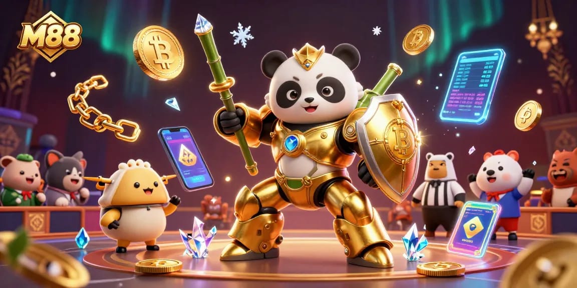 Engage with M88's vibrant casino experience featuring golden panda mech and cryptocurrency elements.