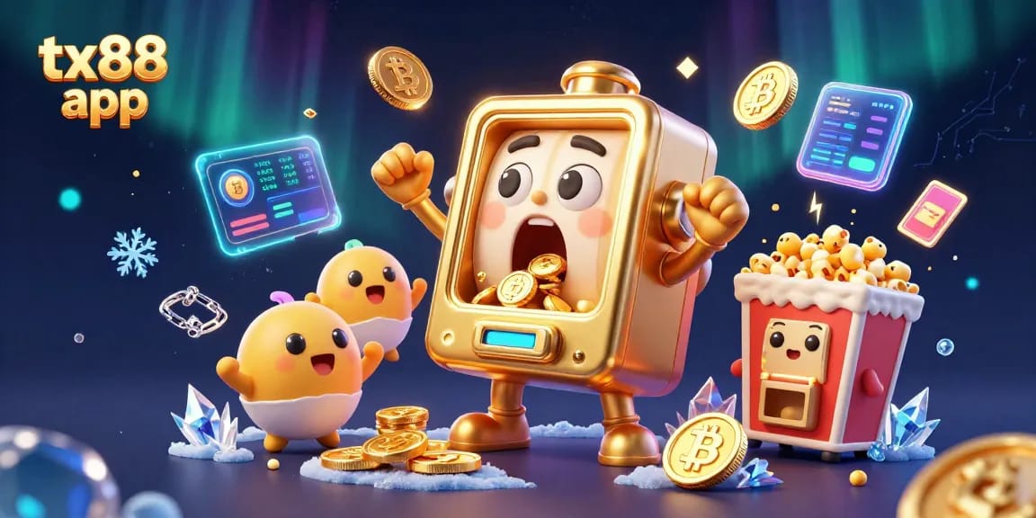 Spin with the tx88 app as the golden slot machine wins, surrounded by cheerful baby slots and crypto coins.