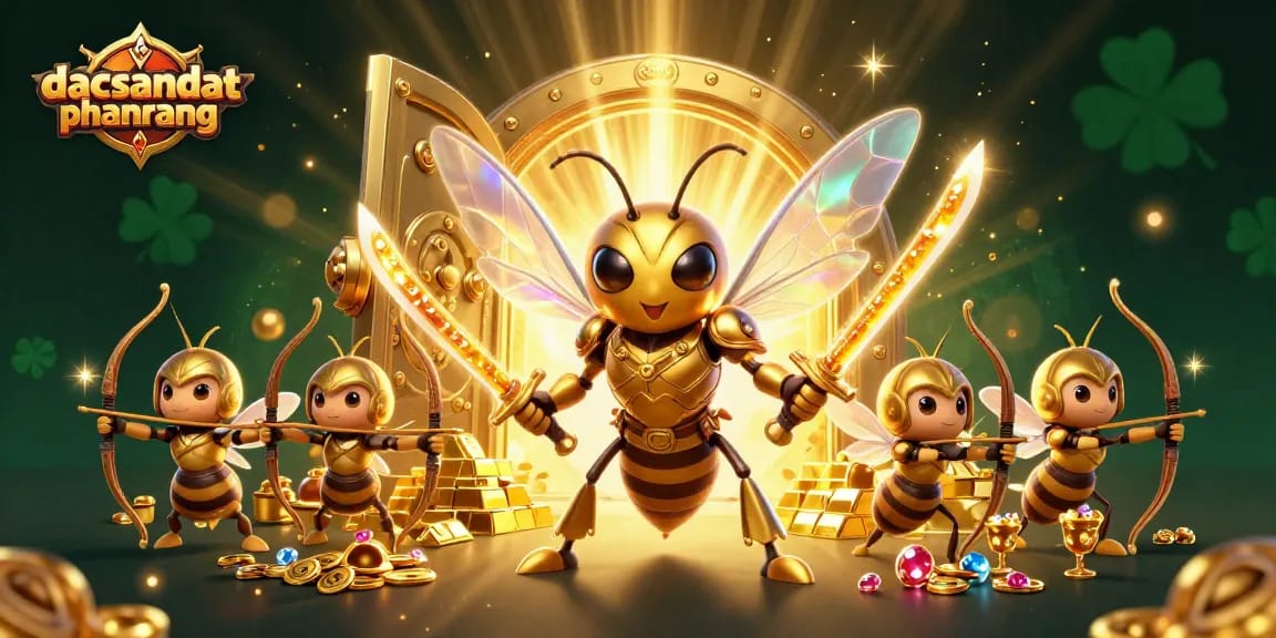 Dive into the vibrant gaming world at dacsandatphanrang, featuring golden hornet warriors among dazzling treasures.