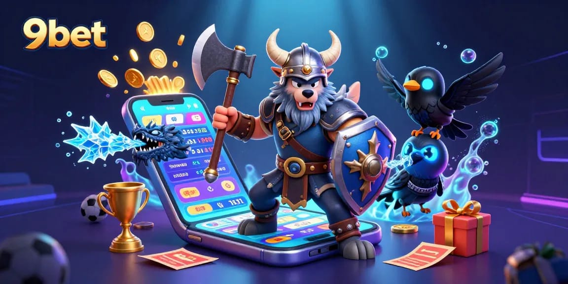 Engage in thrilling sports betting action with 9bet, showcased through dynamic characters and captivating elements.