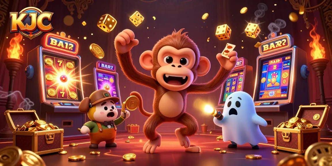 KJC showcases a lively casino scene filled with golden elements and playful characters.