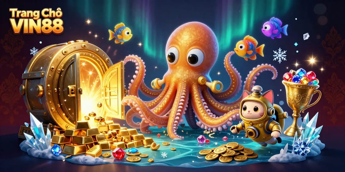 Experience thrilling gameplay with Trang Chủ VIN88, featuring a colossal kraken and diving cat in a treasure-filled scene.