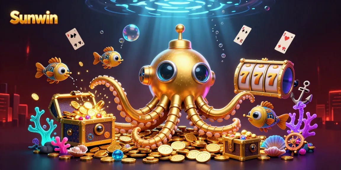 Players enjoy slots and casino games at Sunwin, with vibrant underwater elements and rich details.