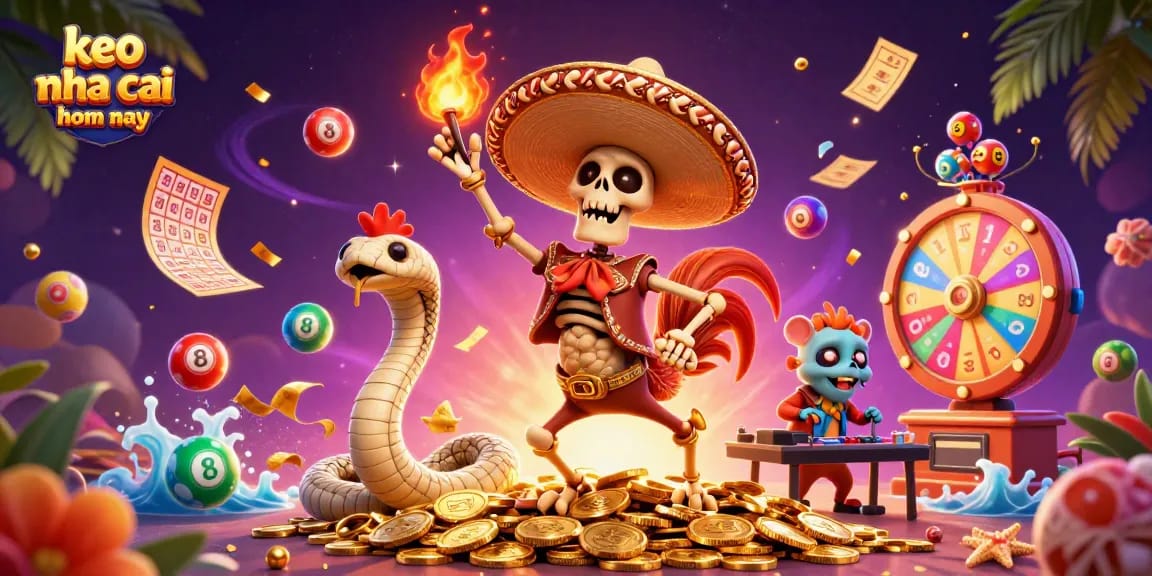 Engage with keo nha cai hom nay through a festive 3D scene featuring lively characters, dynamic lottery elements, and vibrant casino themes.