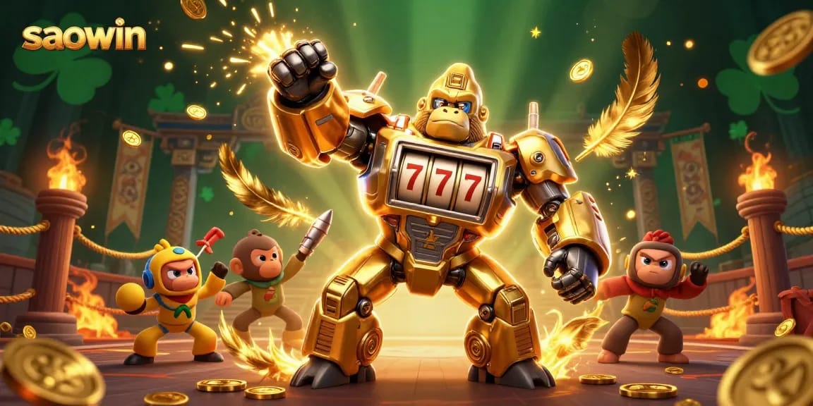 Experience winning with saowin in a vibrant casino scene featuring a golden gorilla mech and dynamic game elements.