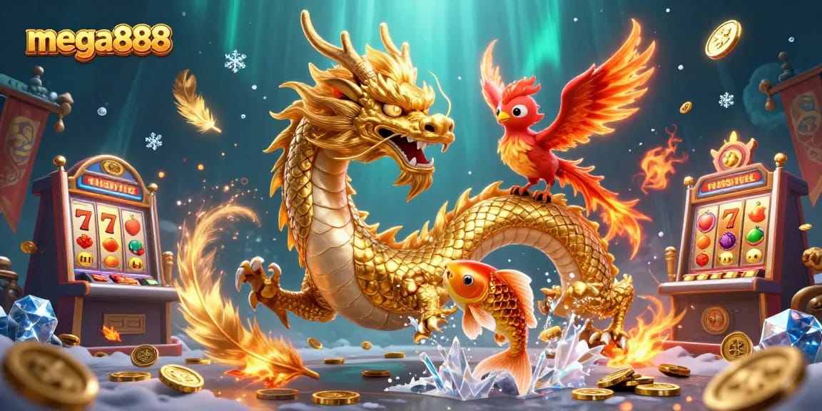 Experience thrilling gameplay with mega888, featuring a golden dragon and vibrant elements in a dynamic casino scene.