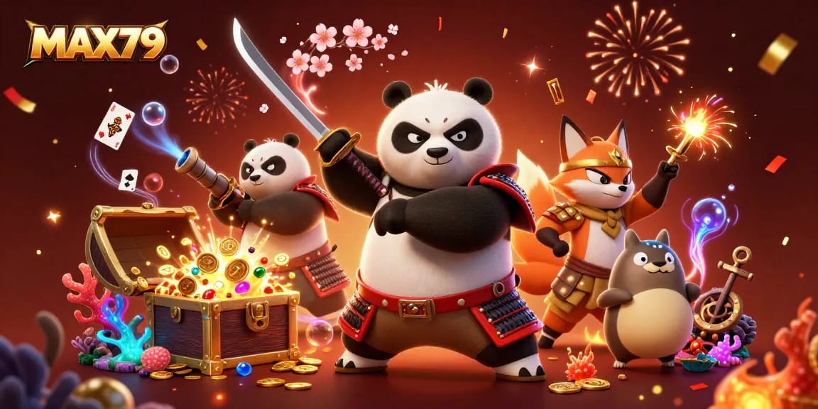 Join the excitement at MAX79 with playful samurai panda and ninja fox surrounded by festive casino elements.