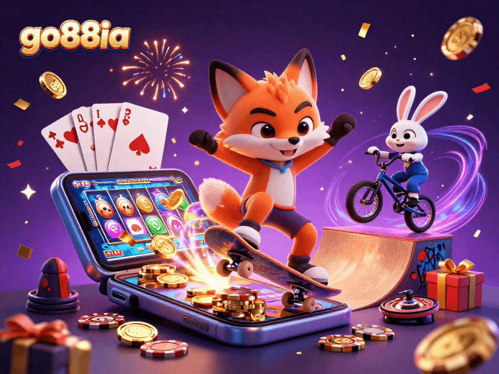Experience go88ia with a vibrant 3D casino scene of a skateboarder fox and BMX rabbit surrounded by gaming elements.