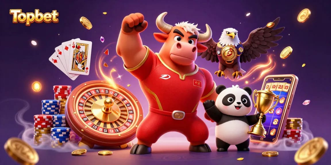 Topbet mascot celebrates victory with golden coins cascading in a vibrant casino scene.