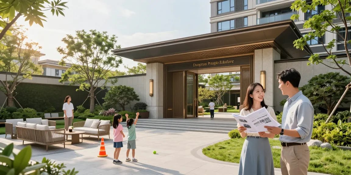 동래 푸르지오 에듀포레에서 가족과 함께 여유로운 시간을 즐기는 모습, https://busan-aptwise.com의 고급 아파트 단지를 표현합니다.