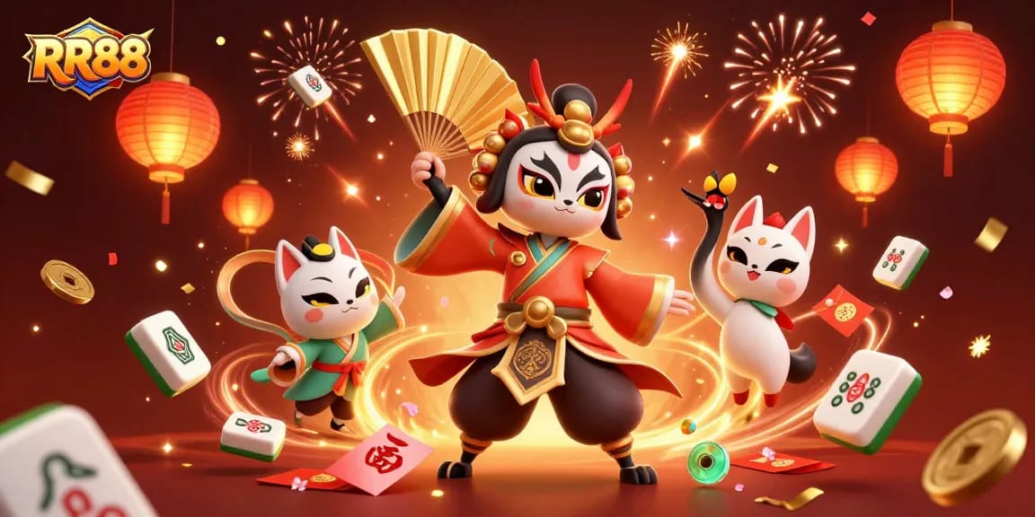 Experience thrilling wins at RR88, with a vibrant 3D illustration showcasing dynamic gambling elements and characters.