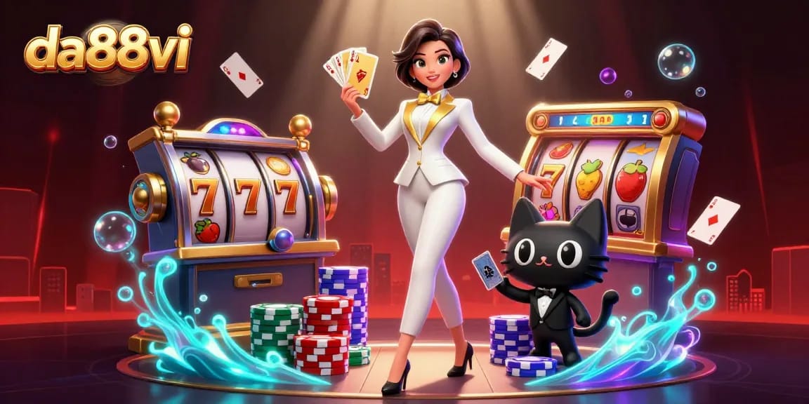 Experience thrilling gameplay at da88vi with this dazzling 3D casino scene featuring dynamic slot reels and a glamorous dealer.