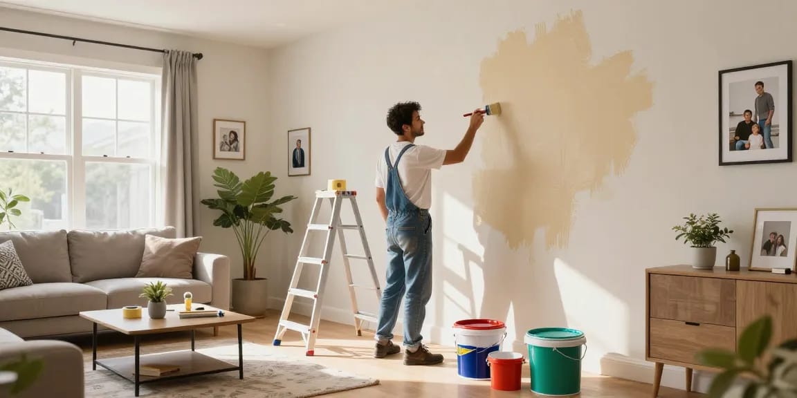 Expert lincoln painter transforming a living room with fresh paint, showcasing quality craftsmanship and attention to detail.