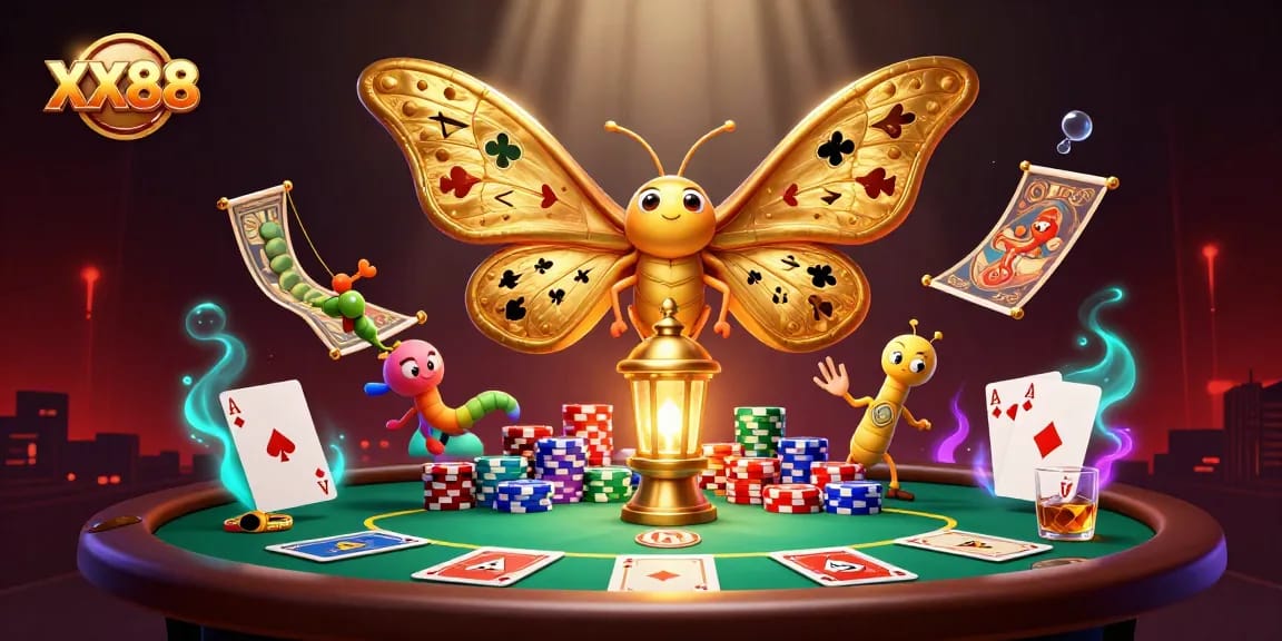Experience excitement at XX88 with a vibrant cartoon scene of poker games and animated motifs.