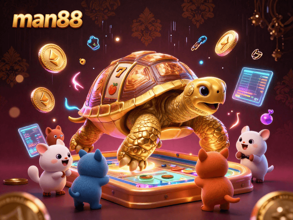 Spin to win with man88's golden tortoise pinball machine illustration, showcasing a vibrant casino environment.
