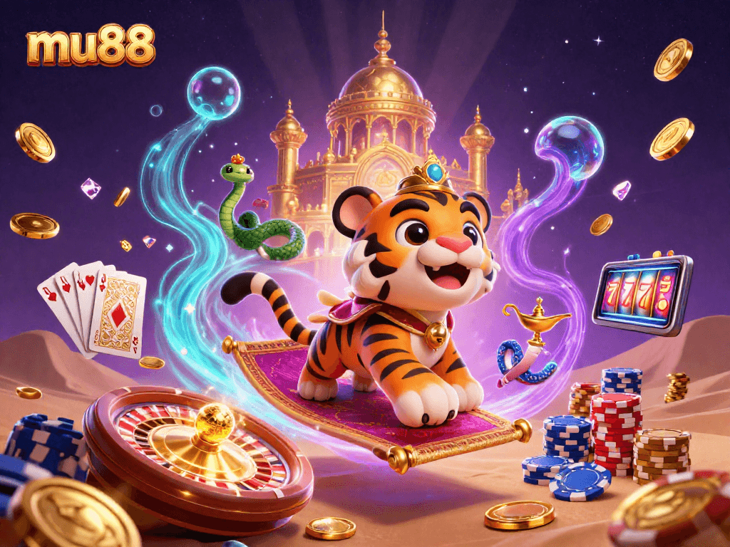 Experience the magic of mu88 with our vibrant casino scene, featuring a tiger sultan and golden treasures.