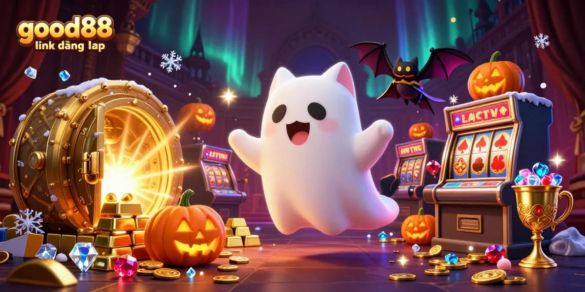Engage with good88 link đăng nhập through a thrilling 3D illustration featuring a ghost cat and casino elements.