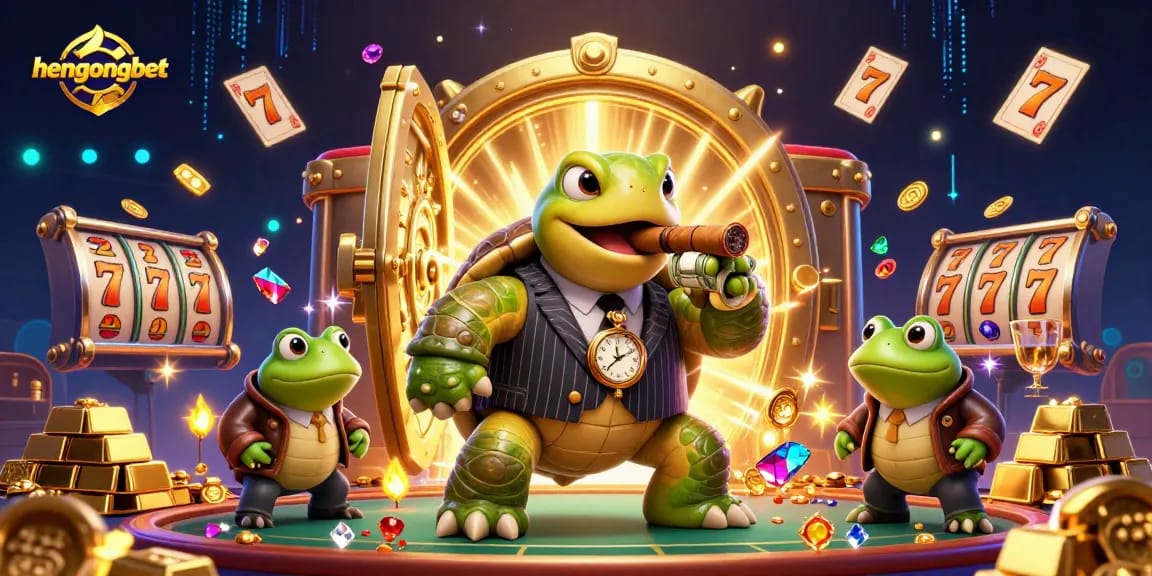 Join the excitement at hengongbet, featuring a turtle in a mobster suit with jackpots and gems.
