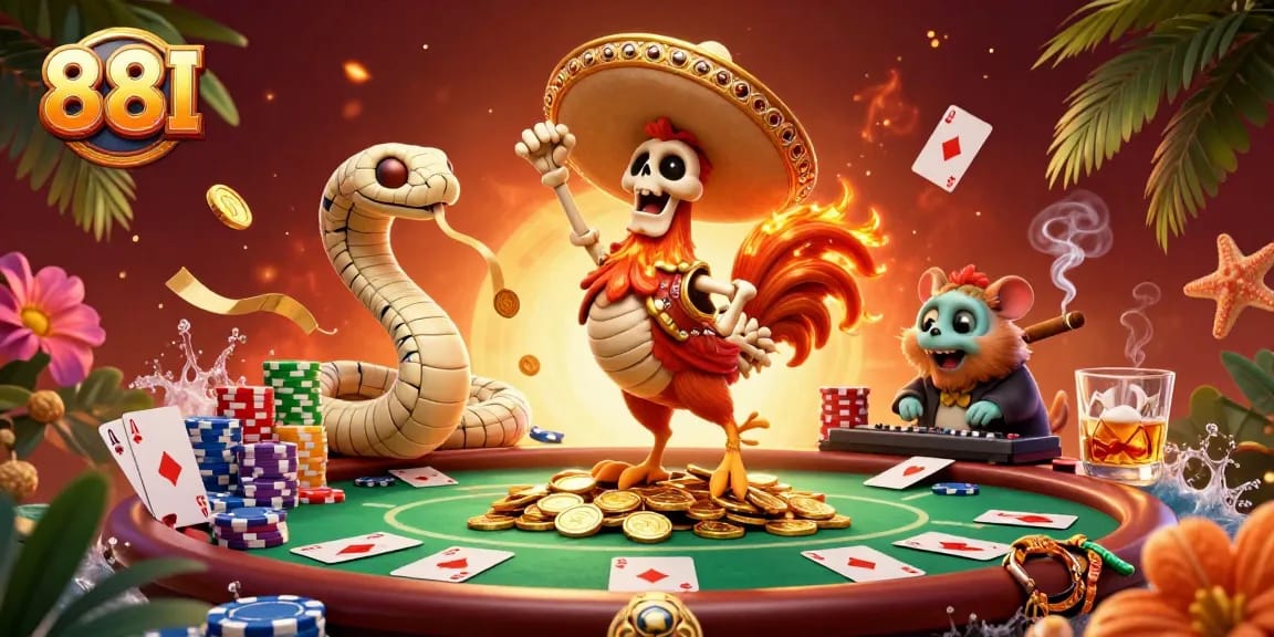 Engage with 88I's vibrant casino scene featuring a skeleton mariachi rooster dancing on gold coins.