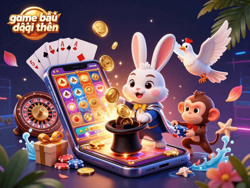 Engage in game đánh bài đổi thưởng with vibrant casino elements featuring a magician rabbit, dove, and monkey.