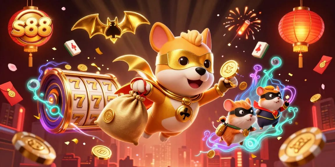 S88 gamblers enjoy thrilling experiences with a superhero dog and hamster in a vibrant casino setting.