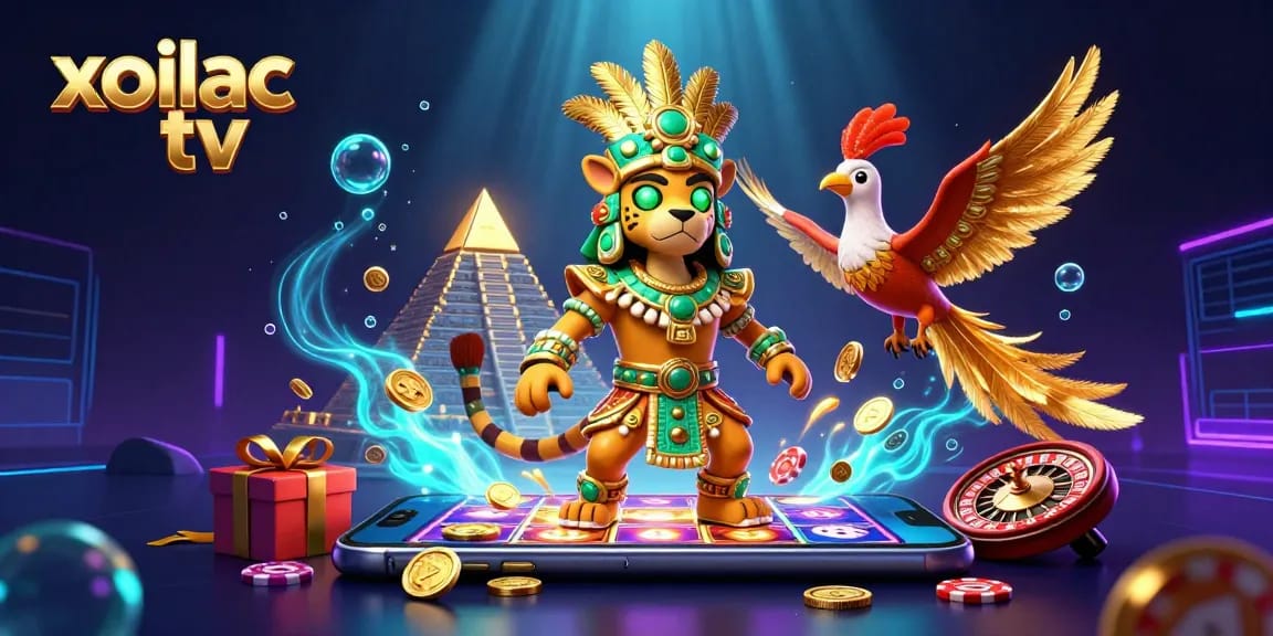 Xoilac TV showcases a vibrant 3D scene of a Mayan jaguar priest and quetzal bird with casino elements, spinning slots gleaming.