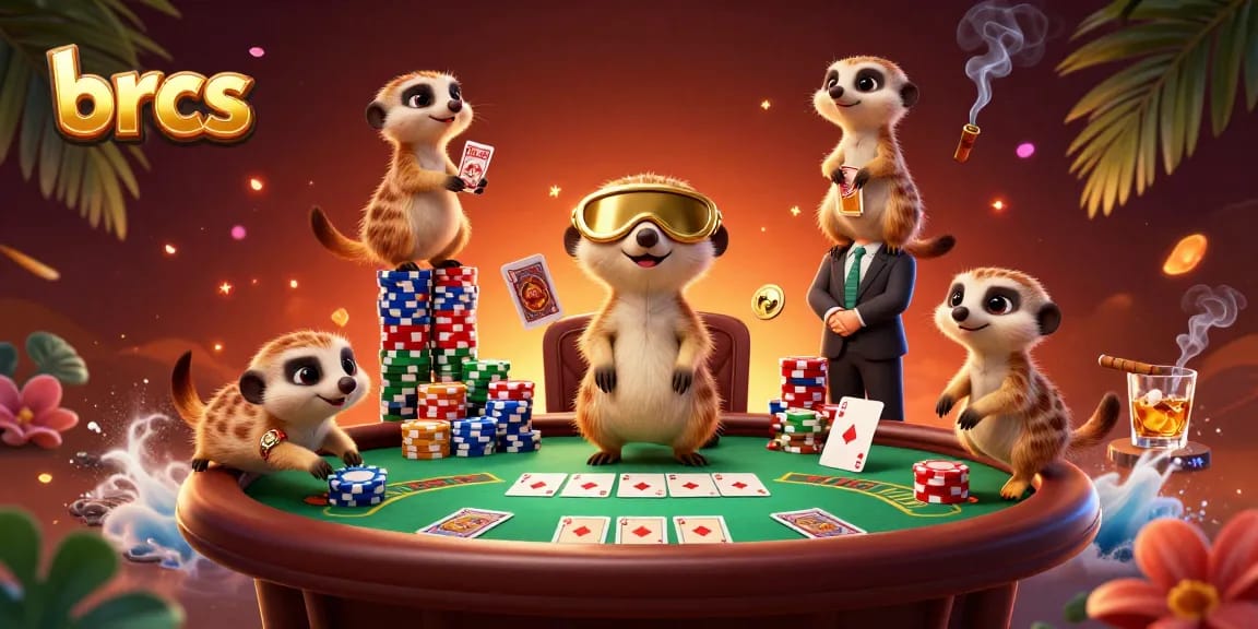 Engaging scene showcasing brcs meerkats operating a lively casino with poker elements and colorful chips.