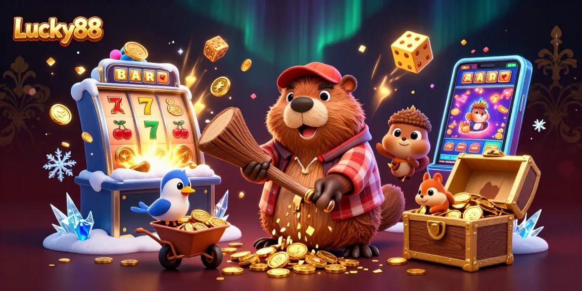 Lucky88 showcases a vibrant casino scene with playful characters collecting golden coins and enjoying games.