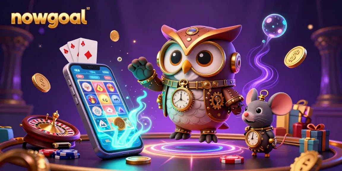 Engage with nowgoal's real-time betting data in a vibrant steampunk casino illustration.