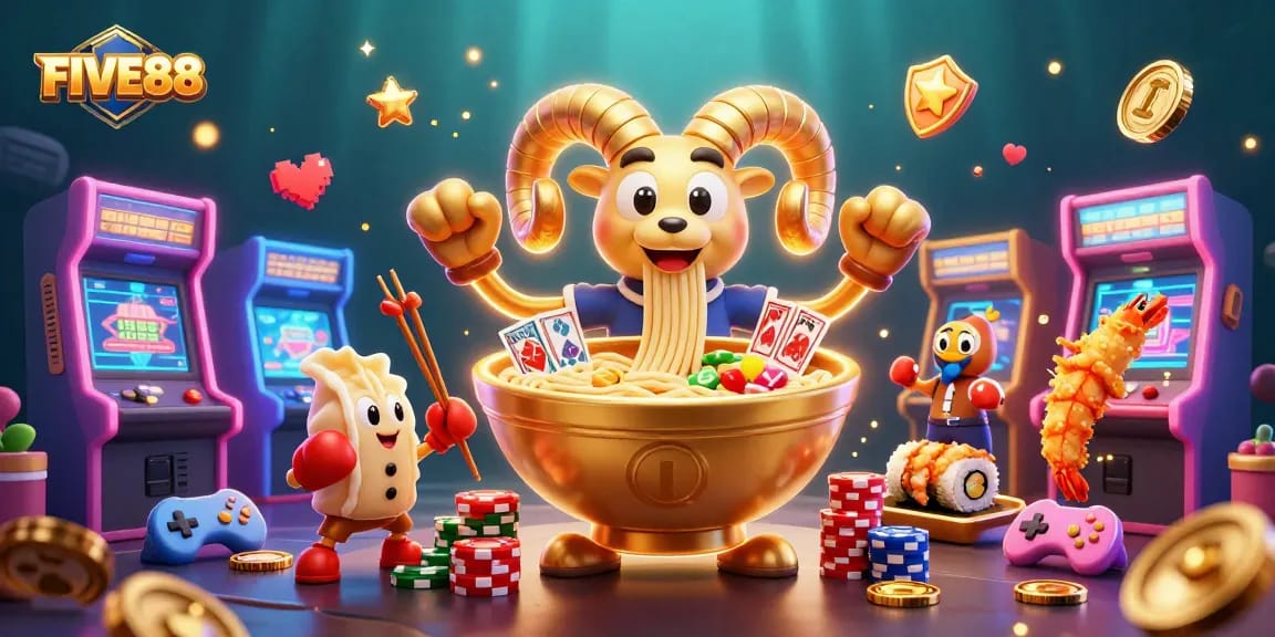 Experience the vibrant world of FIVE88 with our colorful and dynamic casino-themed illustration.