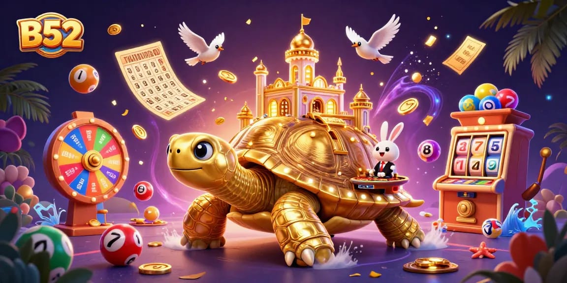 B52 dynamic casino scene with a golden tortoise and rabbit dealer among colorful elements.