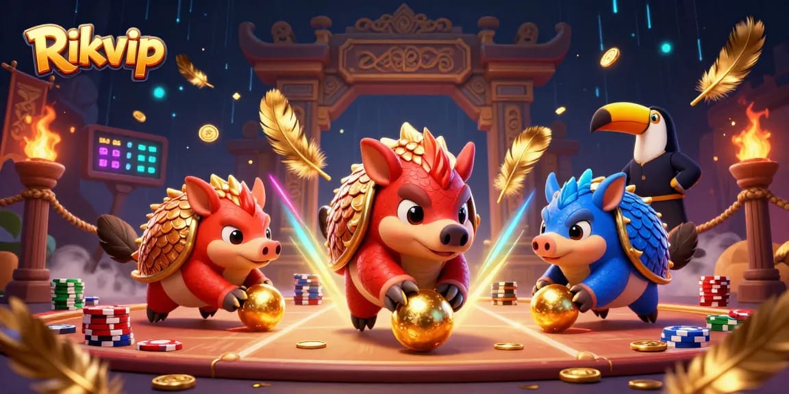 Rikvip gaming illustration features red and blue pangolins competing with poker chips and confetti.