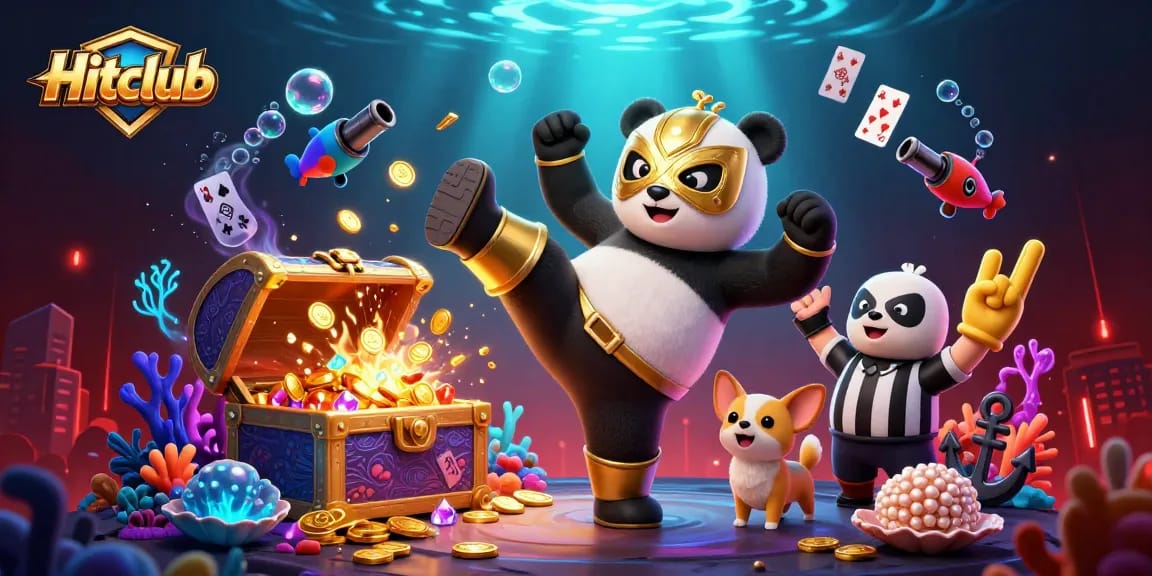 Hitclub showcases an exciting scene with gambling action as a panda wrestler and cheering crowds celebrate winning moments.