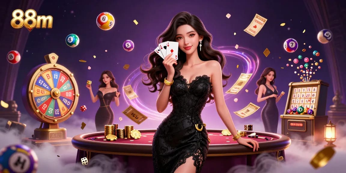 Discover the excitement of 88m with an elegant casino scene featuring a stylish woman and vibrant gambling elements.