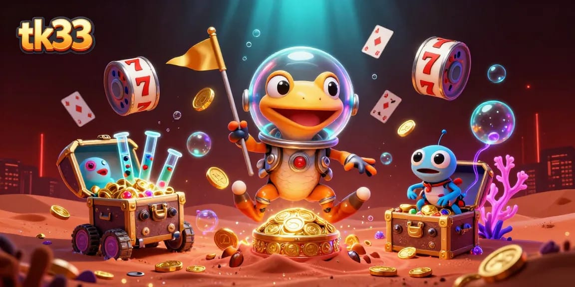 tk33 gaming adventure featuring a Martian gecko in a casino with vibrant gold and colorful gems