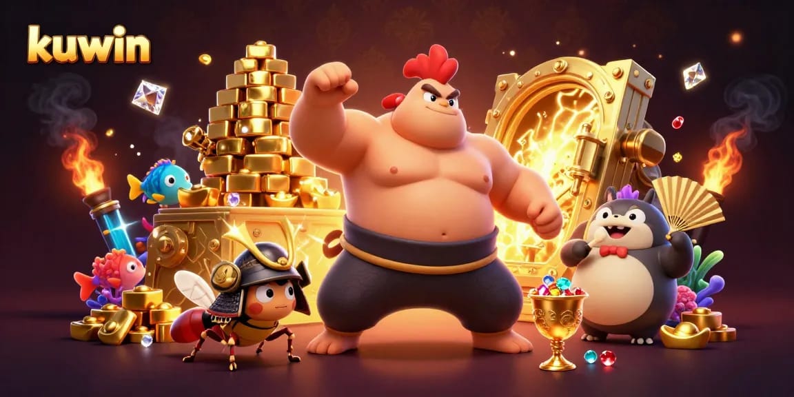 Kuwin showcases exciting fish shooting action with dynamic characters amid overflowing treasure.