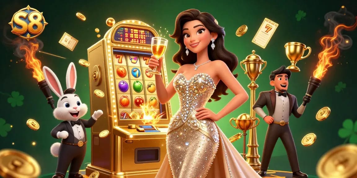 S8 online casino showcases a glamorous lady toasting beside a jackpot slot machine with golden coins.
