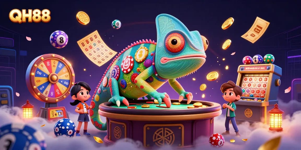Experience excitement at QH88 with the vibrant casino scene featuring a chameleon owner.