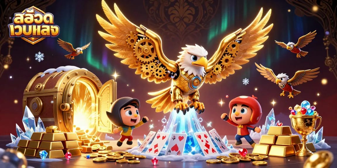 Experience thrilling สล็อตเว็บตรง action with a golden eagle amidst a treasure cascade!