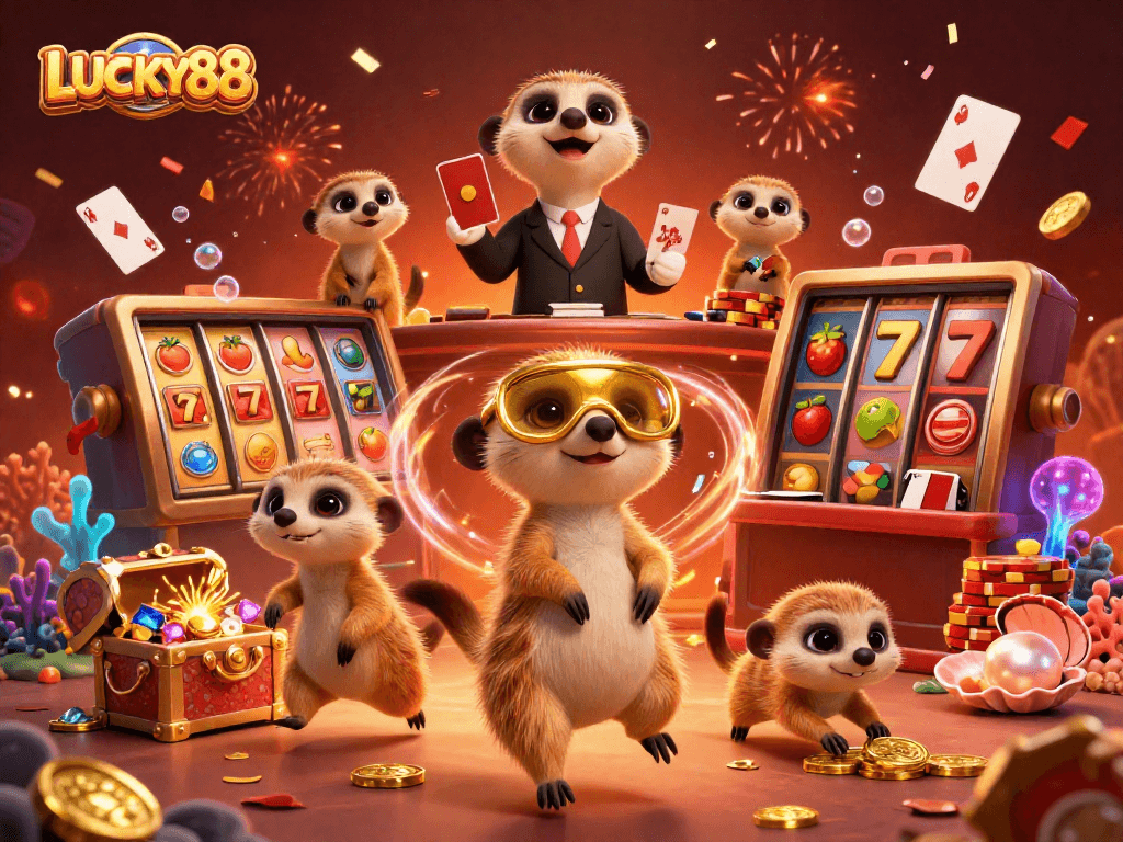 Experience the excitement of LUCKY88 with lively meerkats operating a vibrant casino filled with treasure.