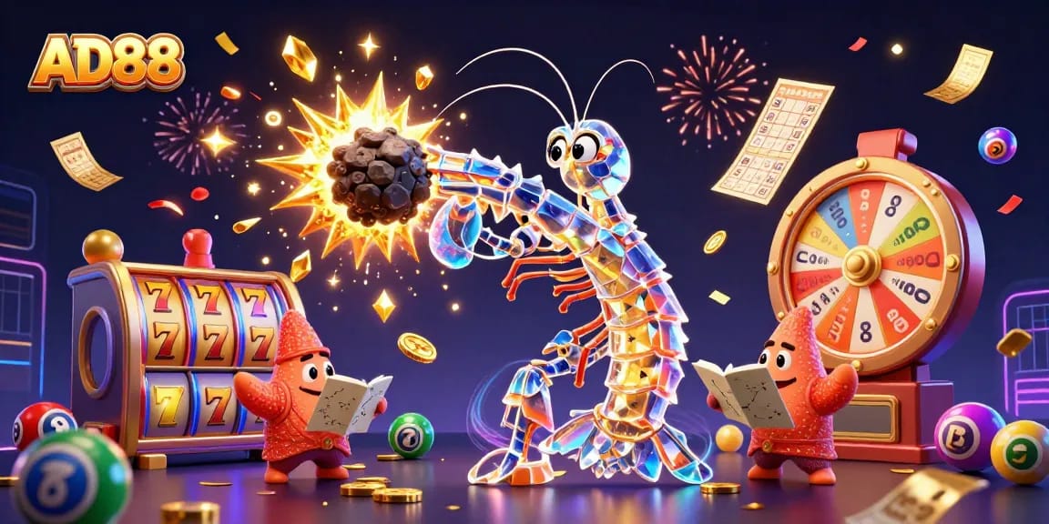 Join the action at AD88, where vibrant lottery balls and golden prizes create an exciting casino atmosphere.