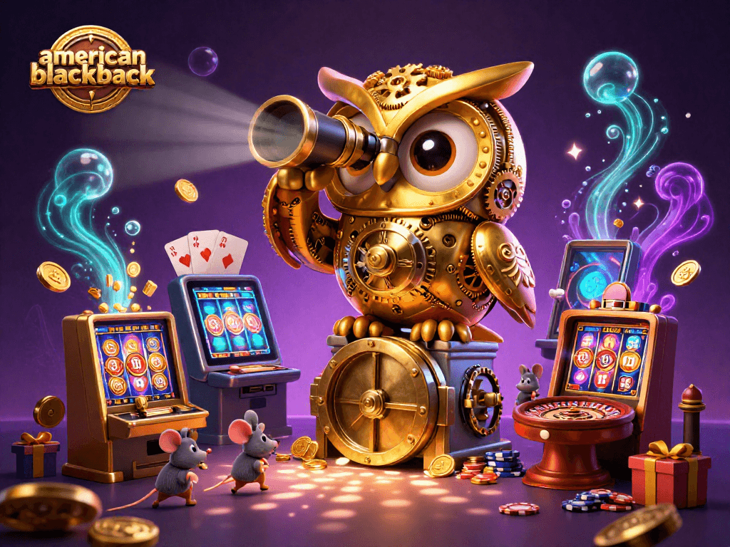 Engage in American Blackjack with a vibrant 3D casino scene featuring a golden owl and dynamic game elements.