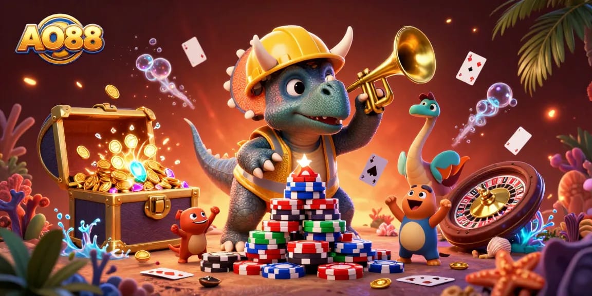 Experience the thrill of casino gaming with AO88, featuring a colorful celebration in a vibrant 3D scene.